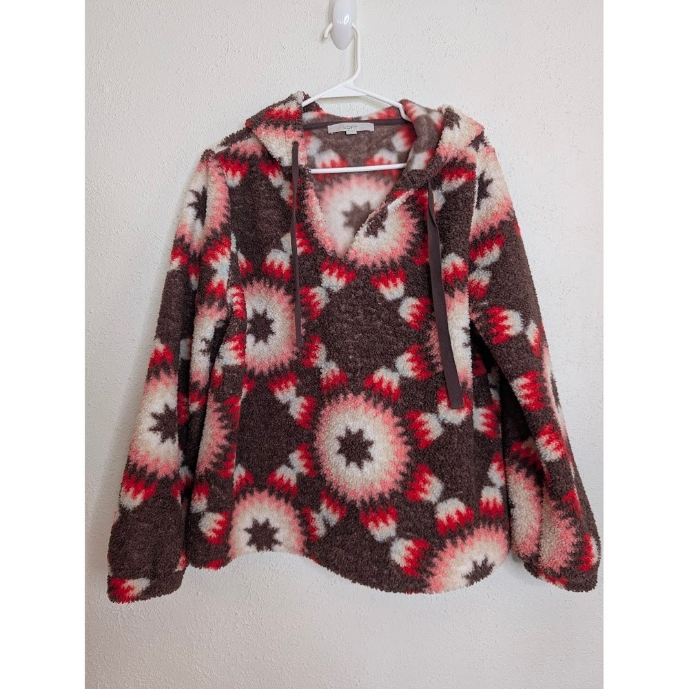 LOFT Womens Sunburst Sherpa Fleece Hoodie Large Brown Cozy Geometric Pullover